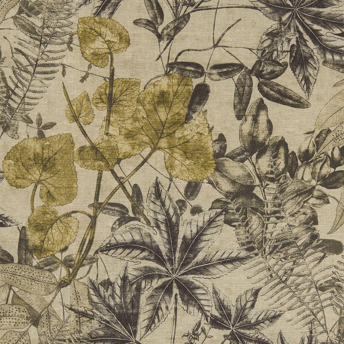 Charcoal and chartreuse botanical leaves over a softly textured grey-beige ground