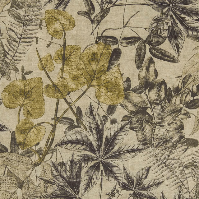 Charcoal and chartreuse botanical leaves over a softly textured grey-beige ground