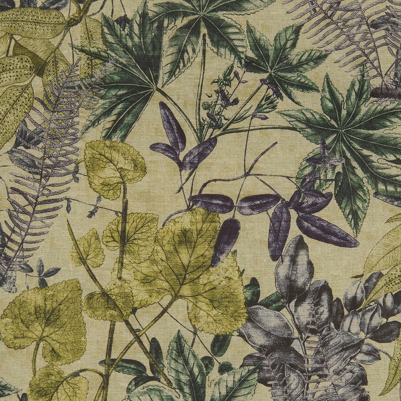 Khaki botanical fabric with olive fronds, plum leaves and fine woven texture