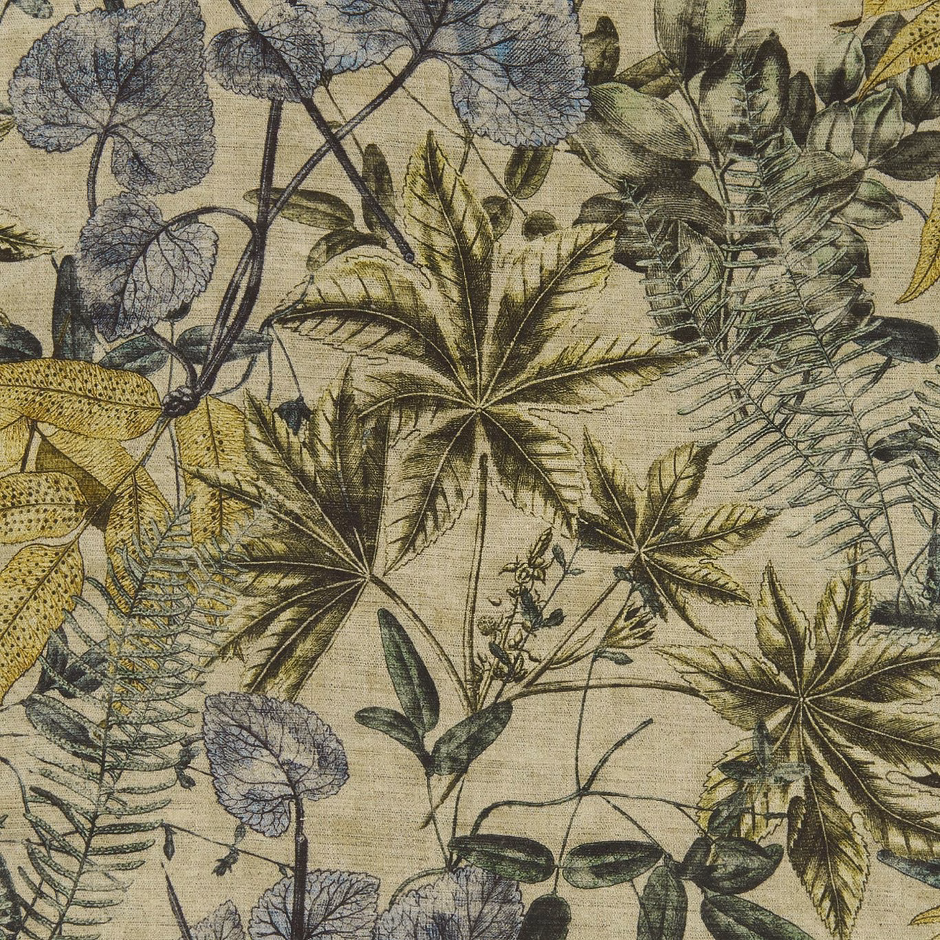 Olive and citron botanical leaves with blue-grey blooms on a muted textured ground