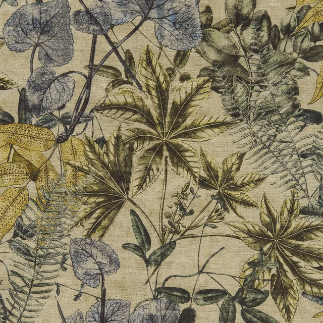 Olive and citron botanical leaves with blue-grey blooms on a muted textured ground