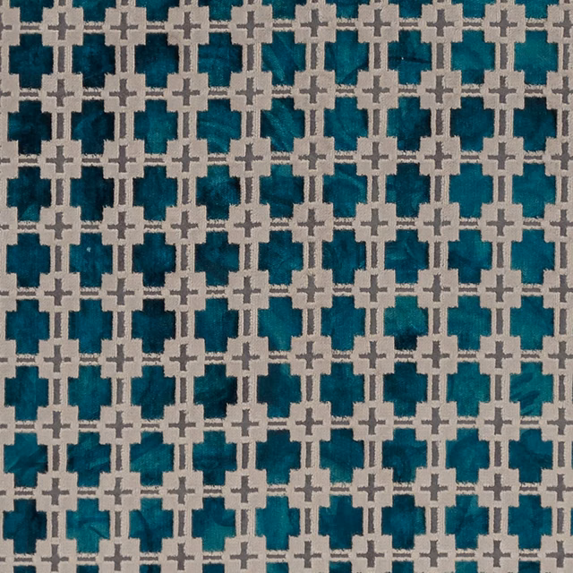 Deep teal geometric fabric with stone-grey lattice and softly textured woven surface