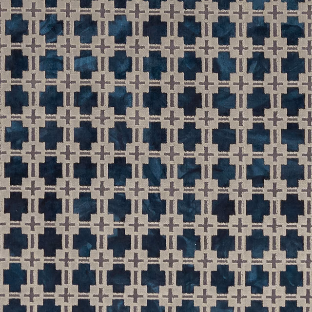 Navy and teal geometric woven fabric with pale grey lattice crosses