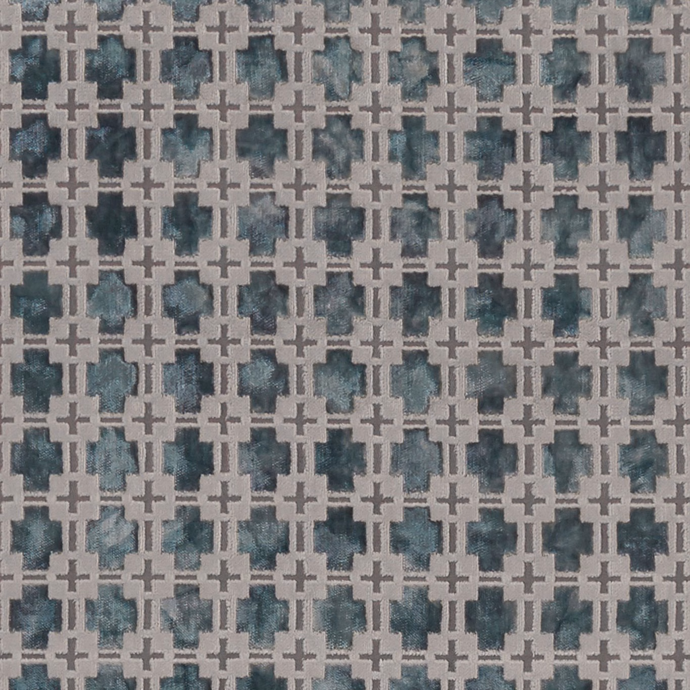 Cool mineral teal geometric upholstery fabric with mottled blocks and grey-beige lattice weave