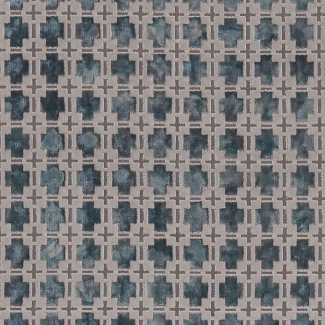 Cool mineral teal geometric upholstery fabric with mottled blocks and grey-beige lattice weave