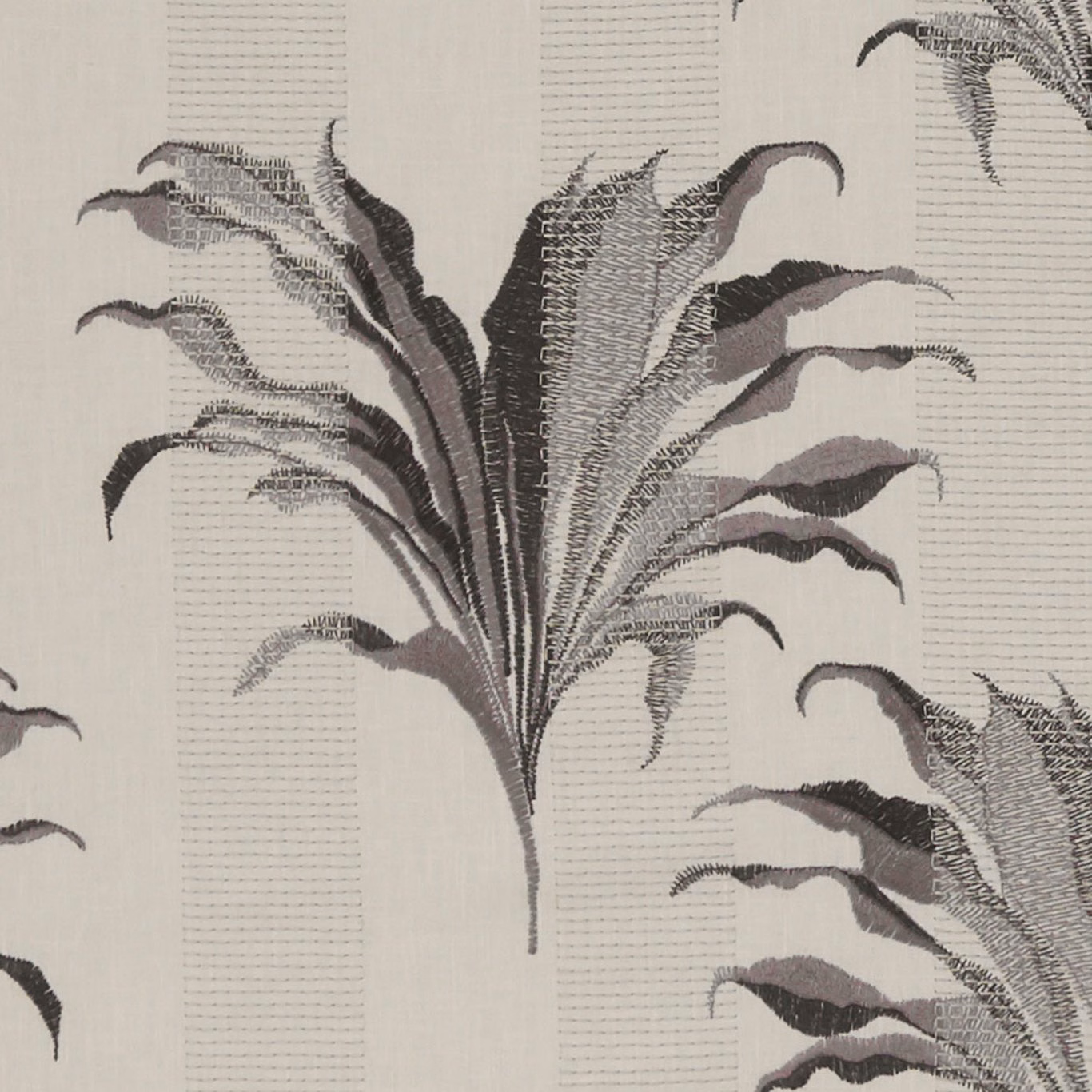 Charcoal and muted mauve botanical leaves on a pale grey woven ground