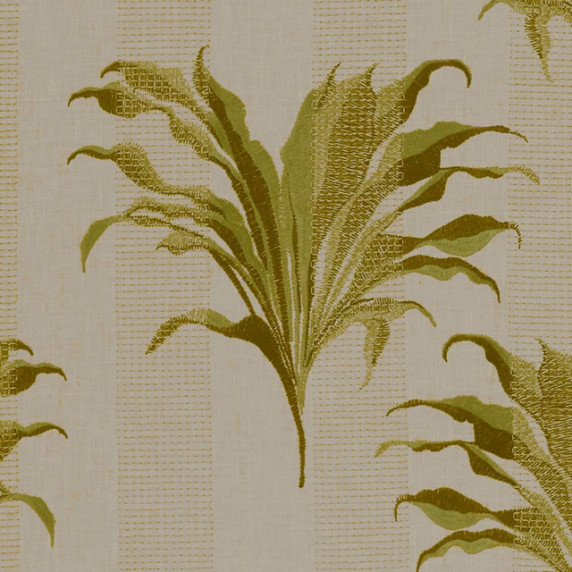 Muted citron olive botanical leaves on a pale woven textile ground