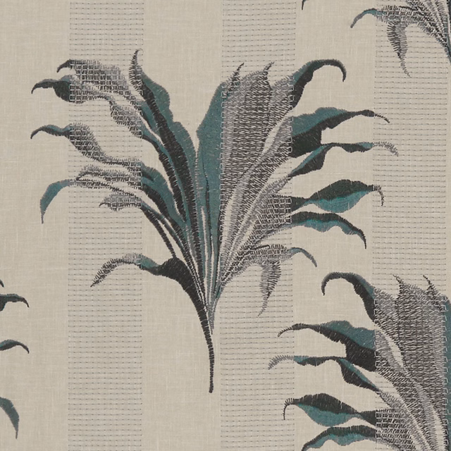 Kingfisher teal and charcoal botanical leaves on a pale textured woven ground