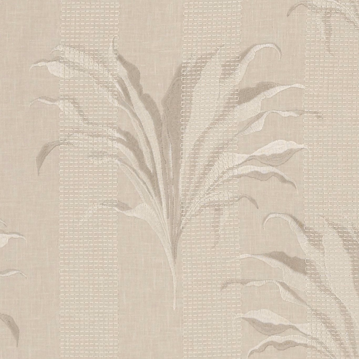 Soft greige botanical fabric with ivory fronds and vertical checked woven bands
