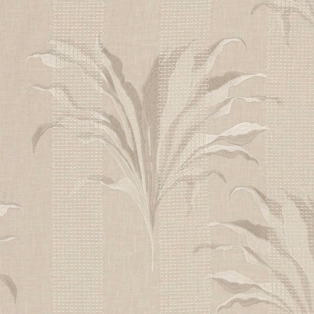 Soft greige botanical fabric with ivory fronds and vertical checked woven bands