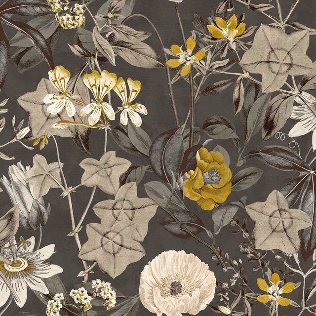 Charcoal botanical fabric with cream leaves, ivory blooms and mustard-yellow flowers