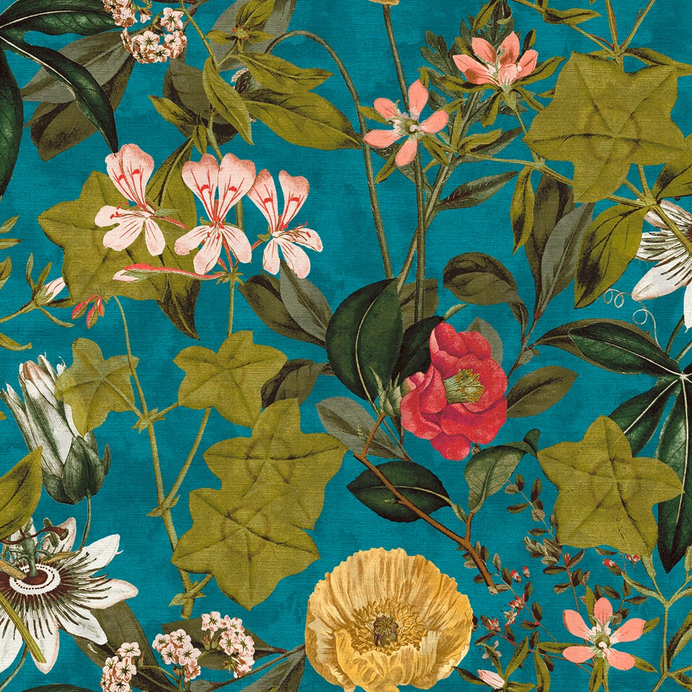 Jewel teal botanical fabric with olive leaves, pink flowers and a red camellia