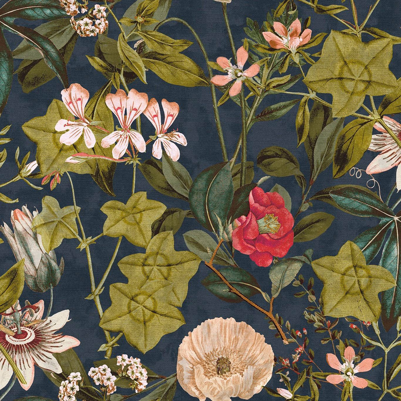 Midnight-blue botanical fabric with olive leaves, pink flowers and a vivid red bloom