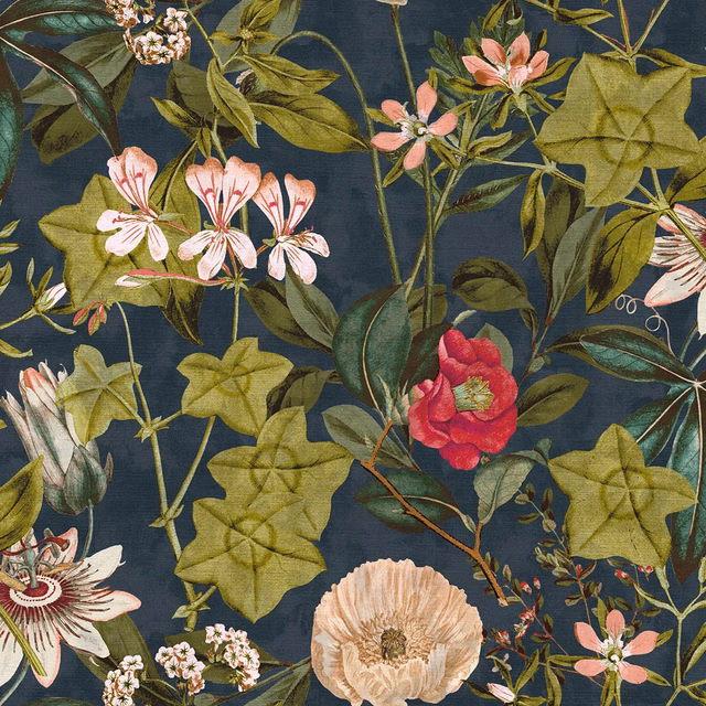 Midnight-blue botanical fabric with olive leaves, pink flowers and a vivid red bloom