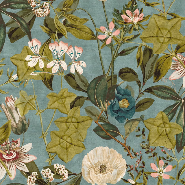 Mineral teal woven ground with blush flowers, olive leaves and cream blooms