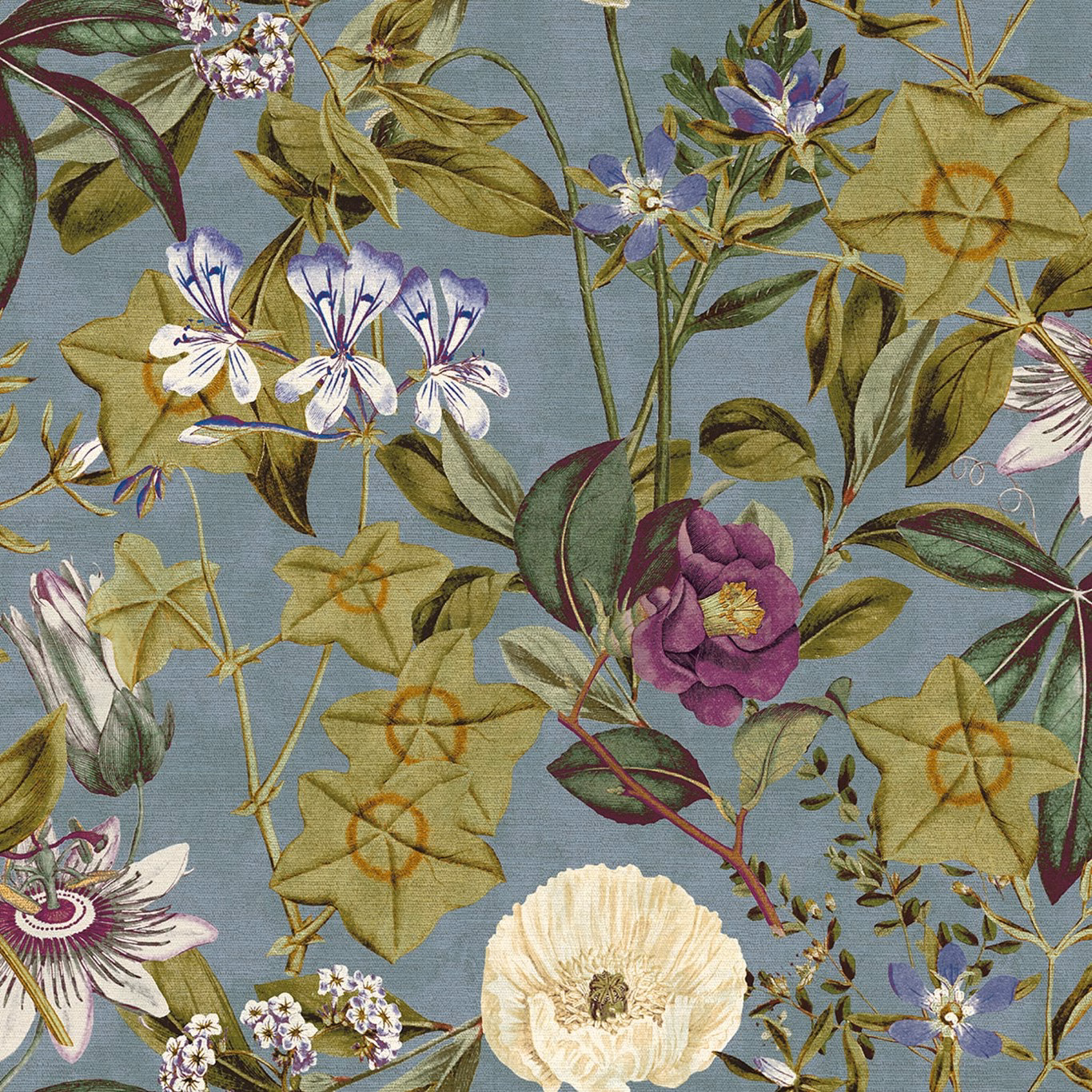 Slate-blue botanical weave with amethyst flower, cream blooms and olive leaves