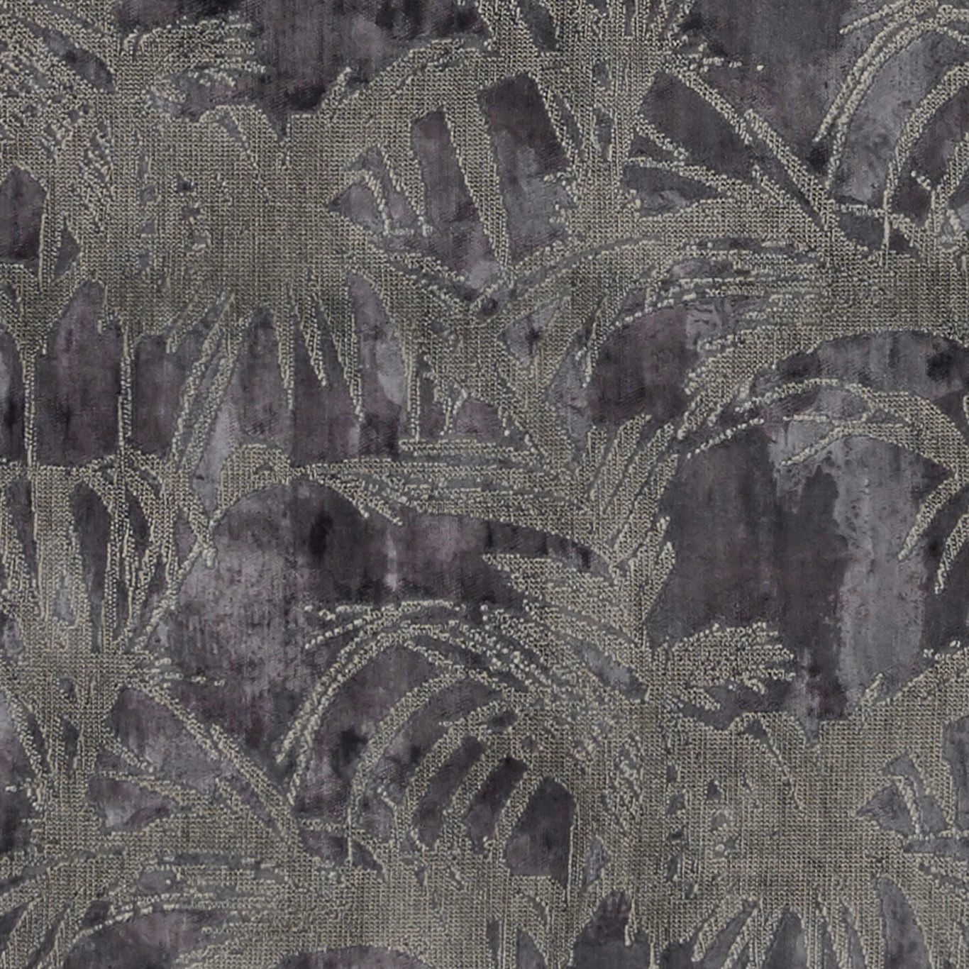 Charcoal plum fabric with textured grey tropical foliage and a smoky mottled ground