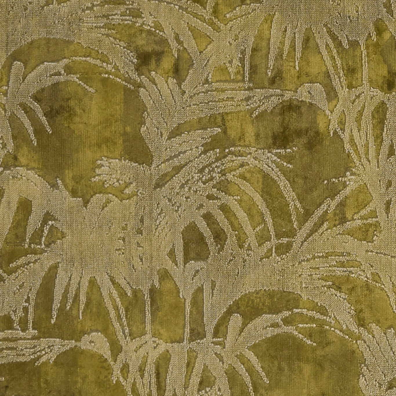 Mossy citron olive fabric with pale tropical leaves and tonal woven texture