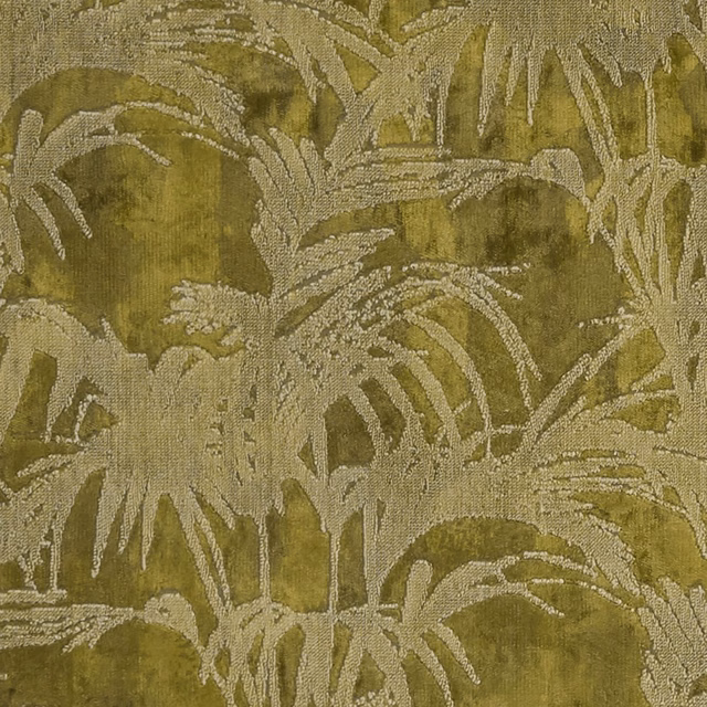 Mossy citron olive fabric with pale tropical leaves and tonal woven texture