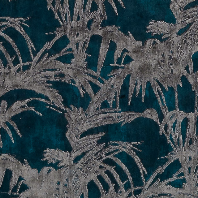Deep kingfisher teal fabric with taupe-grey tropical leaves in a dense woven texture