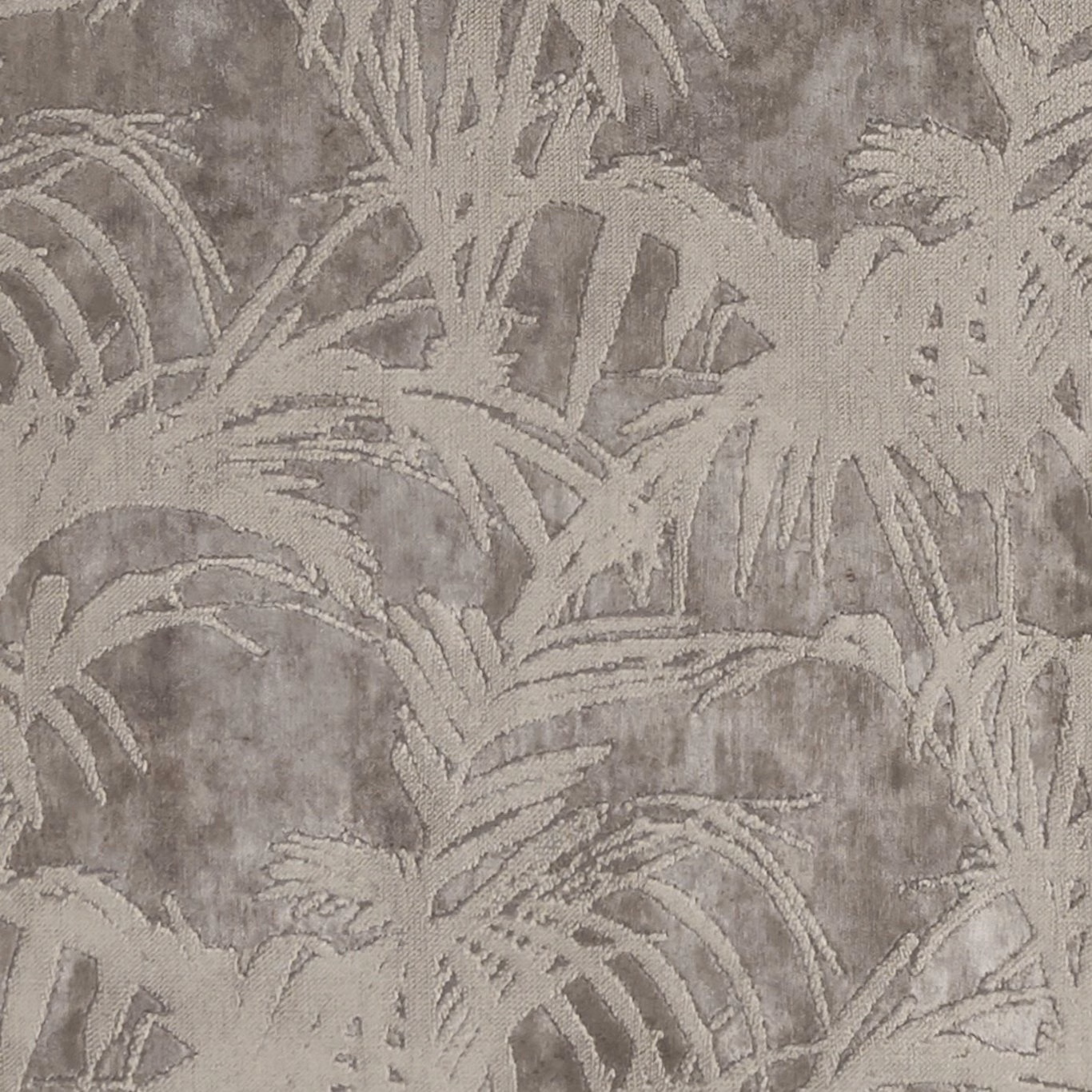 Muted mocha taupe fabric with overlapping tropical palm leaves in a tonal woven texture
