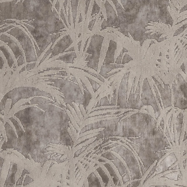 Muted mocha taupe fabric with overlapping tropical palm leaves in a tonal woven texture