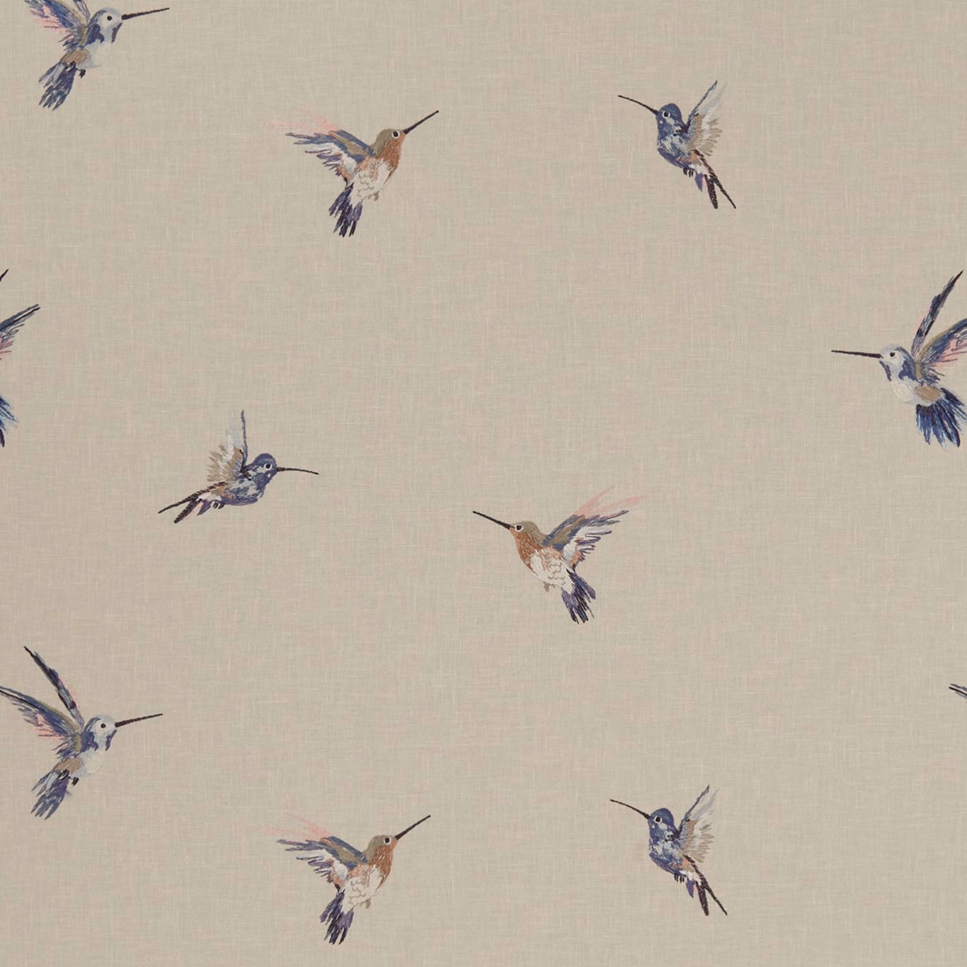 Warm beige woven fabric with scattered blue and rust hummingbirds in flight