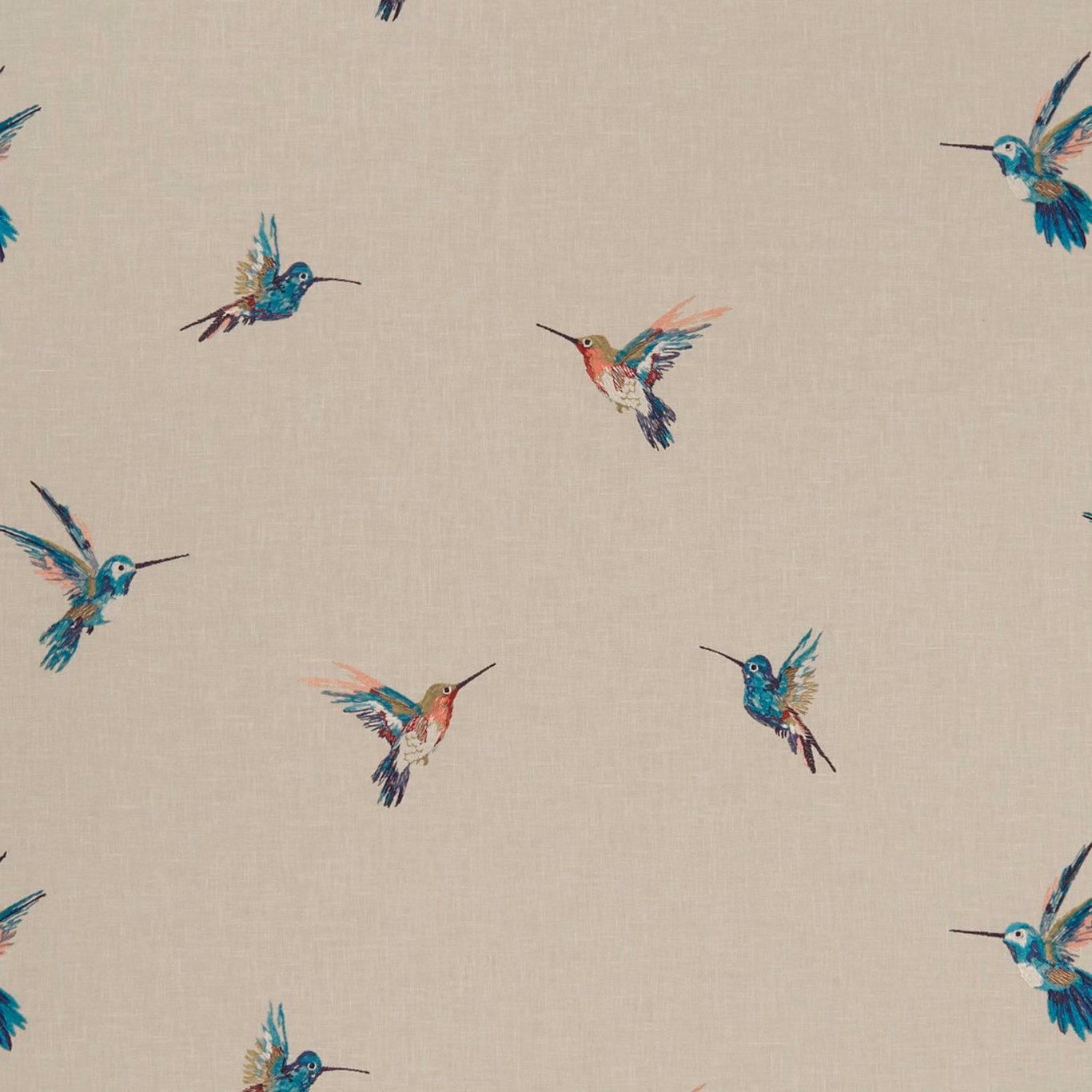 Taupe-beige woven fabric with turquoise and coral hummingbirds