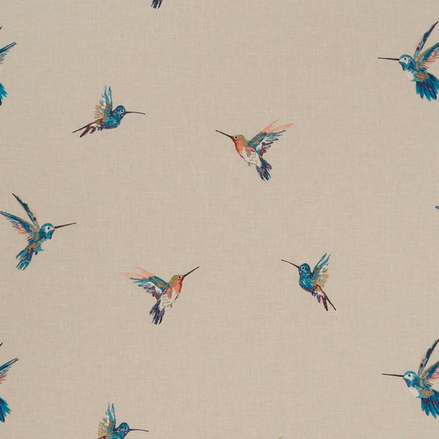 Taupe-beige woven fabric with turquoise and coral hummingbirds