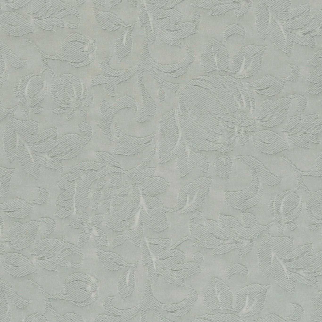 Pale duckegg blue-green fabric with tonal scrolling leaves and subtle woven texture