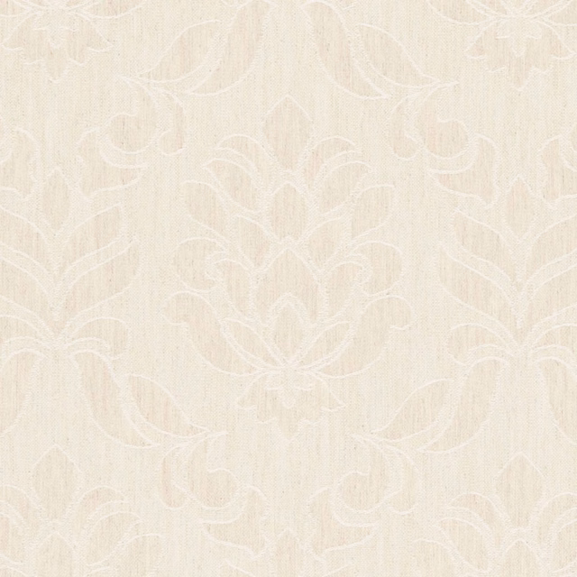 Soft cream damask textile with pale scrolling flowers and a fine woven ground