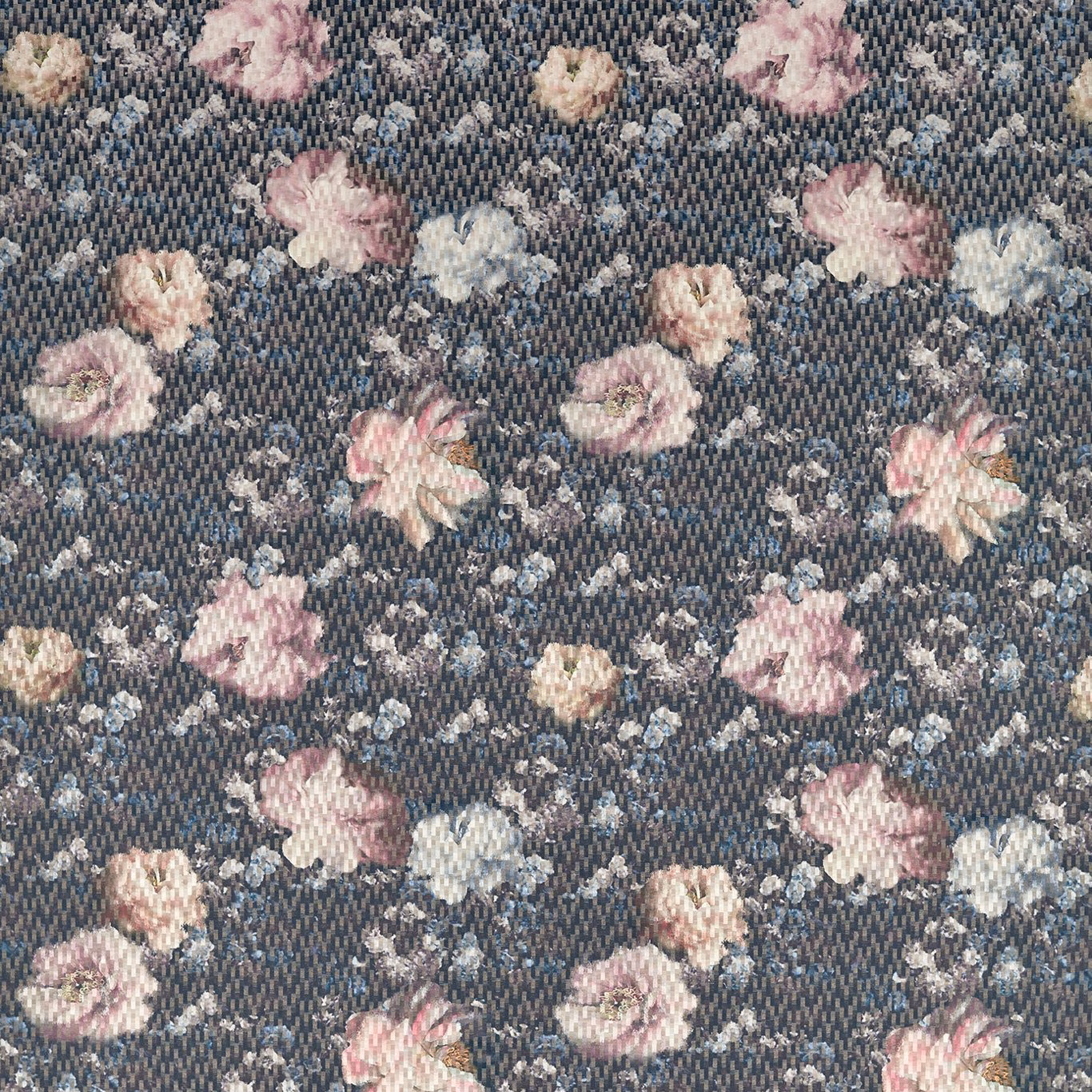 Dusty blush and cream flowers scattered across a textured charcoal woven fabric