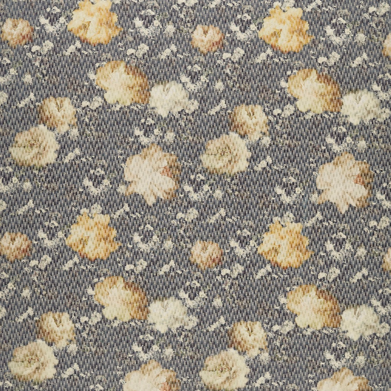 Charcoal woven fabric with muted chartreuse, cream and yellow scattered flowers