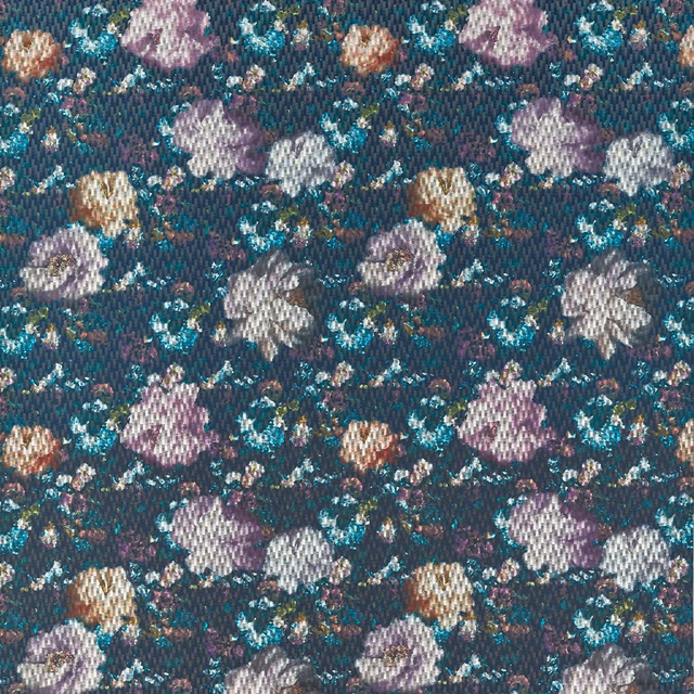 Deep teal floral weave with mauve, cream, gold and turquoise blooms