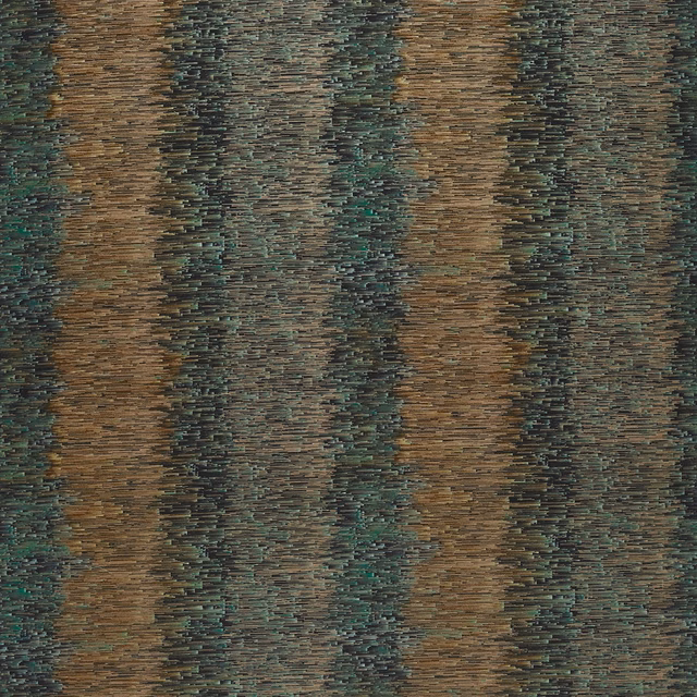 Close-up of Ombre Spice fabric showing broken teal, charcoal and spice-brown woven bands