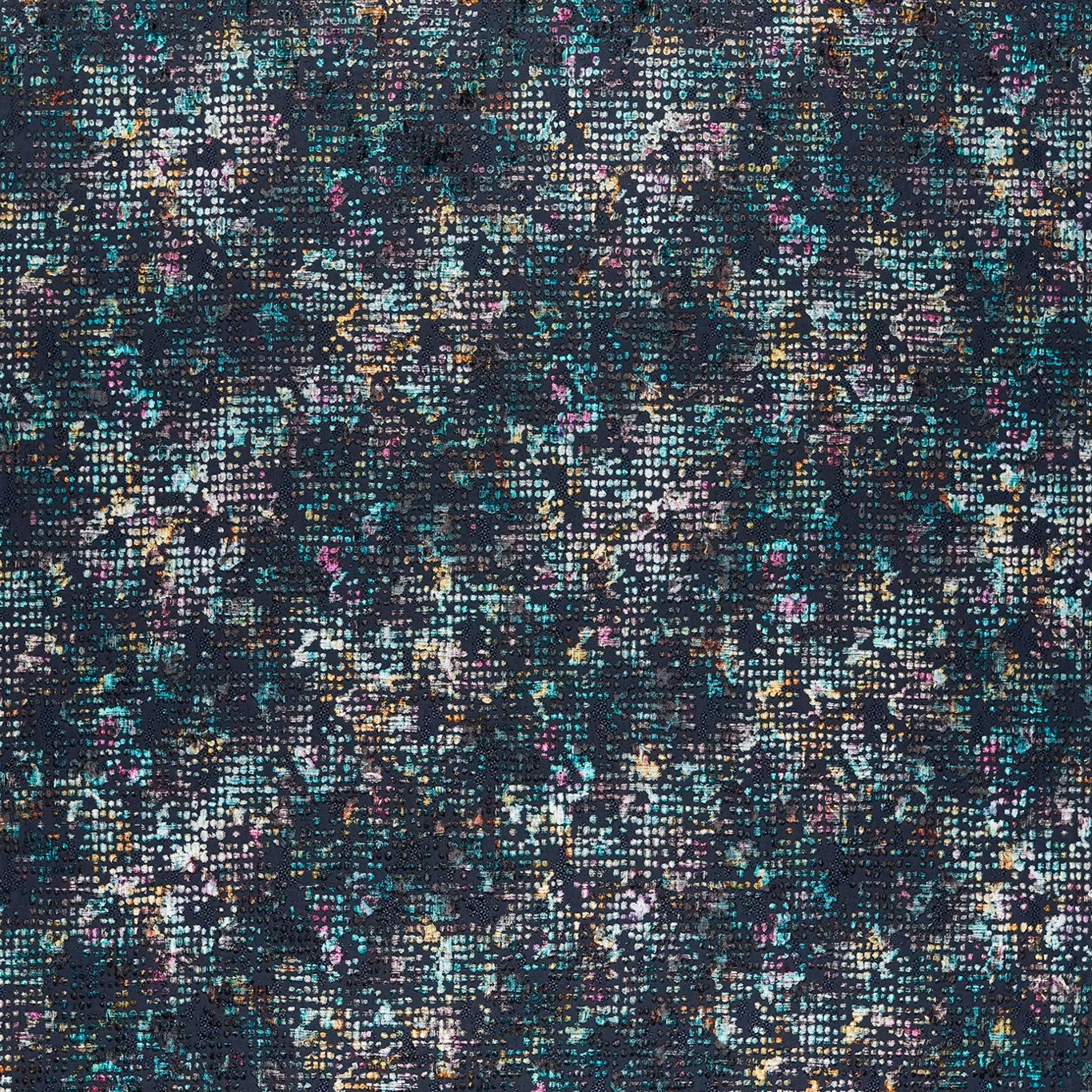 Midnight charcoal textile with turquoise, ivory, pink and gold flecked woven motif