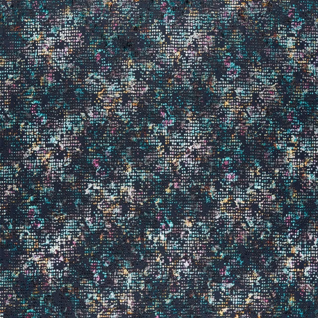 Midnight charcoal textile with turquoise, ivory, pink and gold flecked woven motif