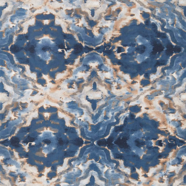 Deep midnight blue wallpaper with pale blue and spice painterly mirrored motifs