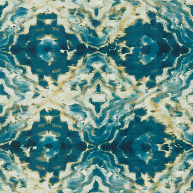 Deep teal and aqua marbled wallpaper with cream, ochre and smoky blue movement