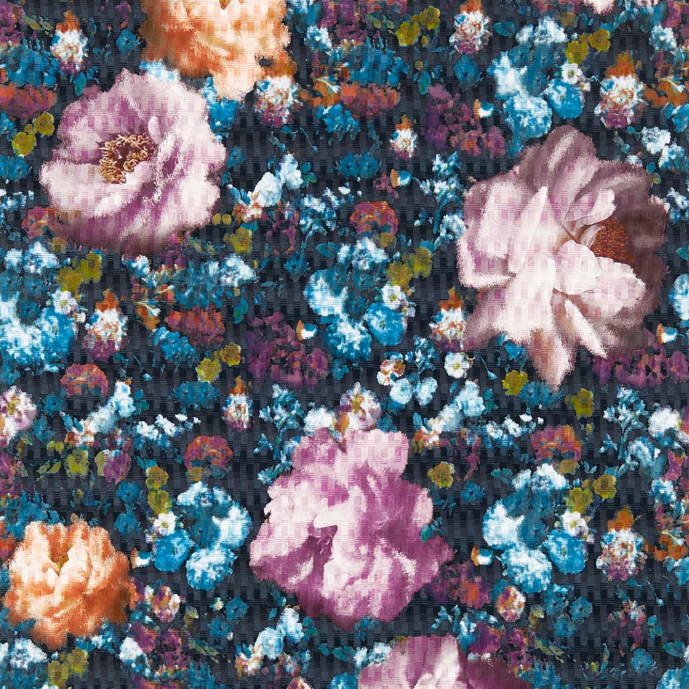 Midnight teal floral wallpaper with painterly pink, blue and peach blooms