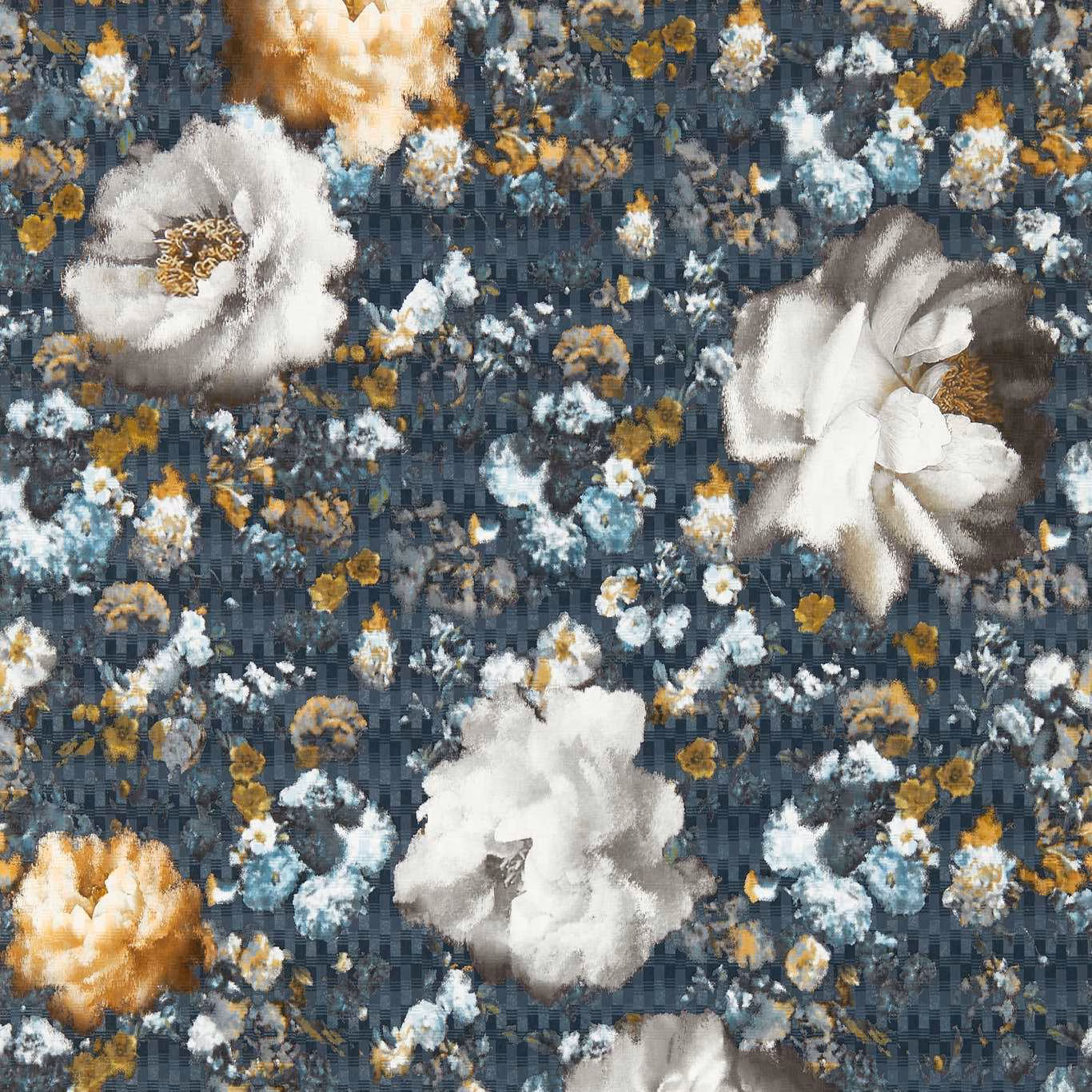 Midnight blue floral wallpaper with ivory blooms, gold accents and painterly brushwork
