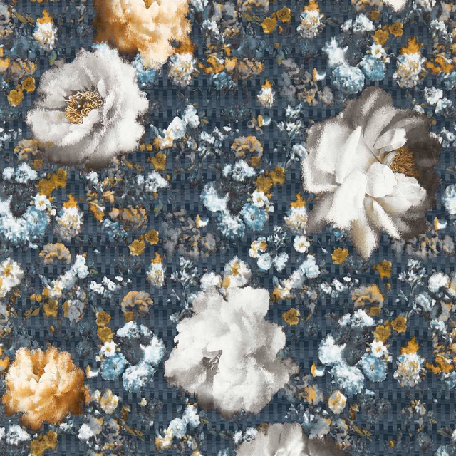 Midnight blue floral wallpaper with ivory blooms, gold accents and painterly brushwork