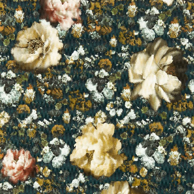 Dense teal floral wallpaper with cream, ochre, blush and ivory painterly blooms