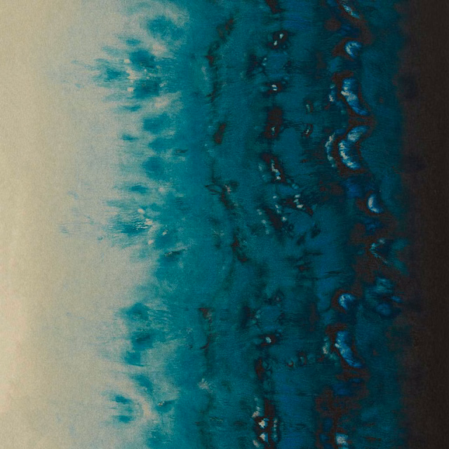 Deep teal wallpaper with smoky turquoise fades and dark rippled abstract marks