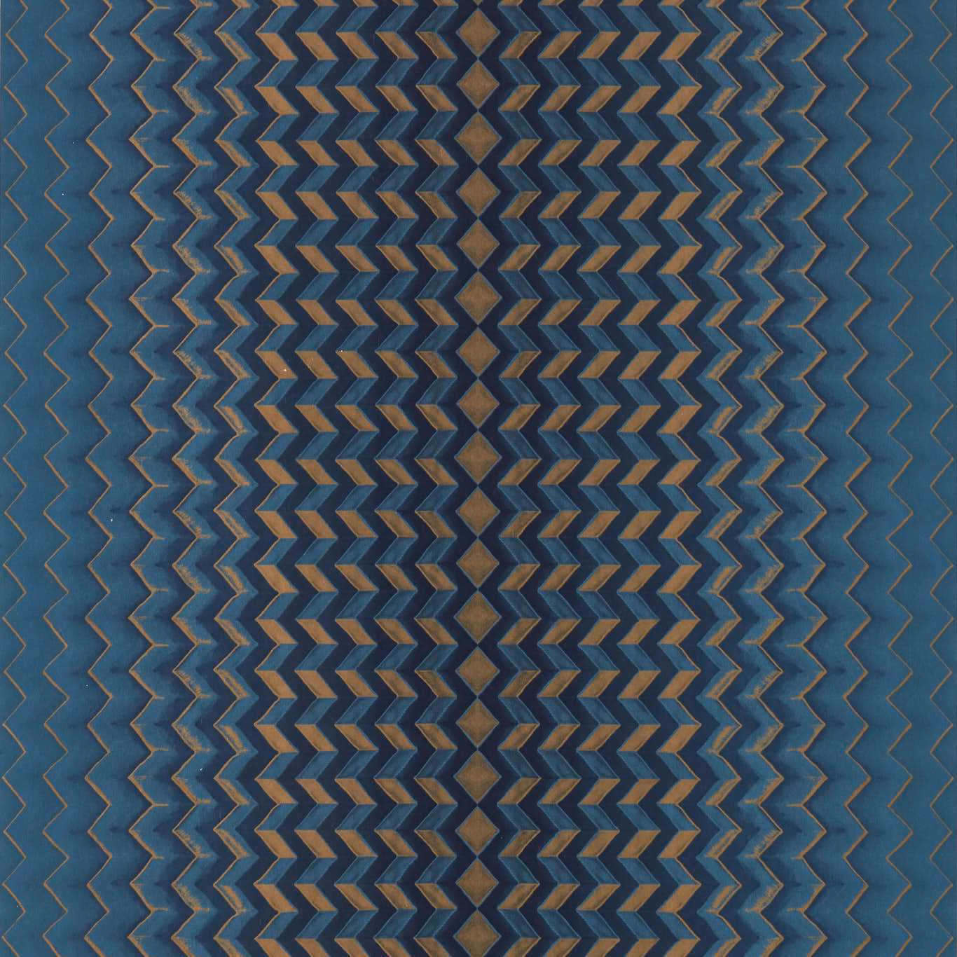Midnight blue wallpaper with copper chevron columns and fine zigzag outlines