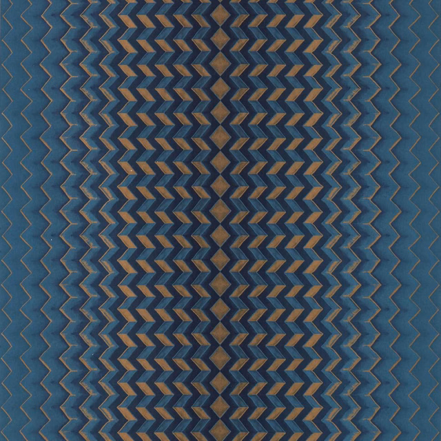 Midnight blue wallpaper with copper chevron columns and fine zigzag outlines