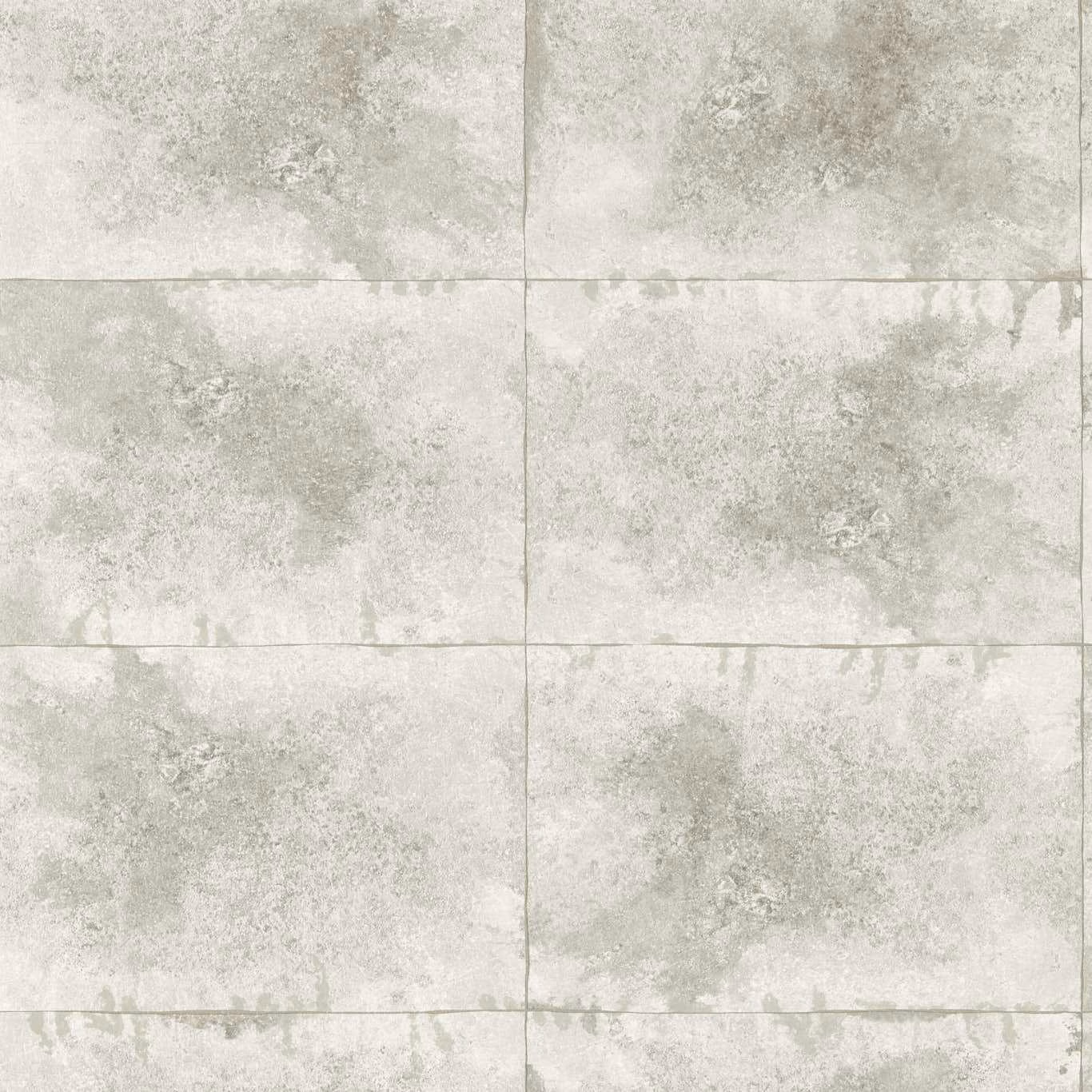 Pale pearl-grey wallpaper with cloudy mineral mottling and fine square panel lines