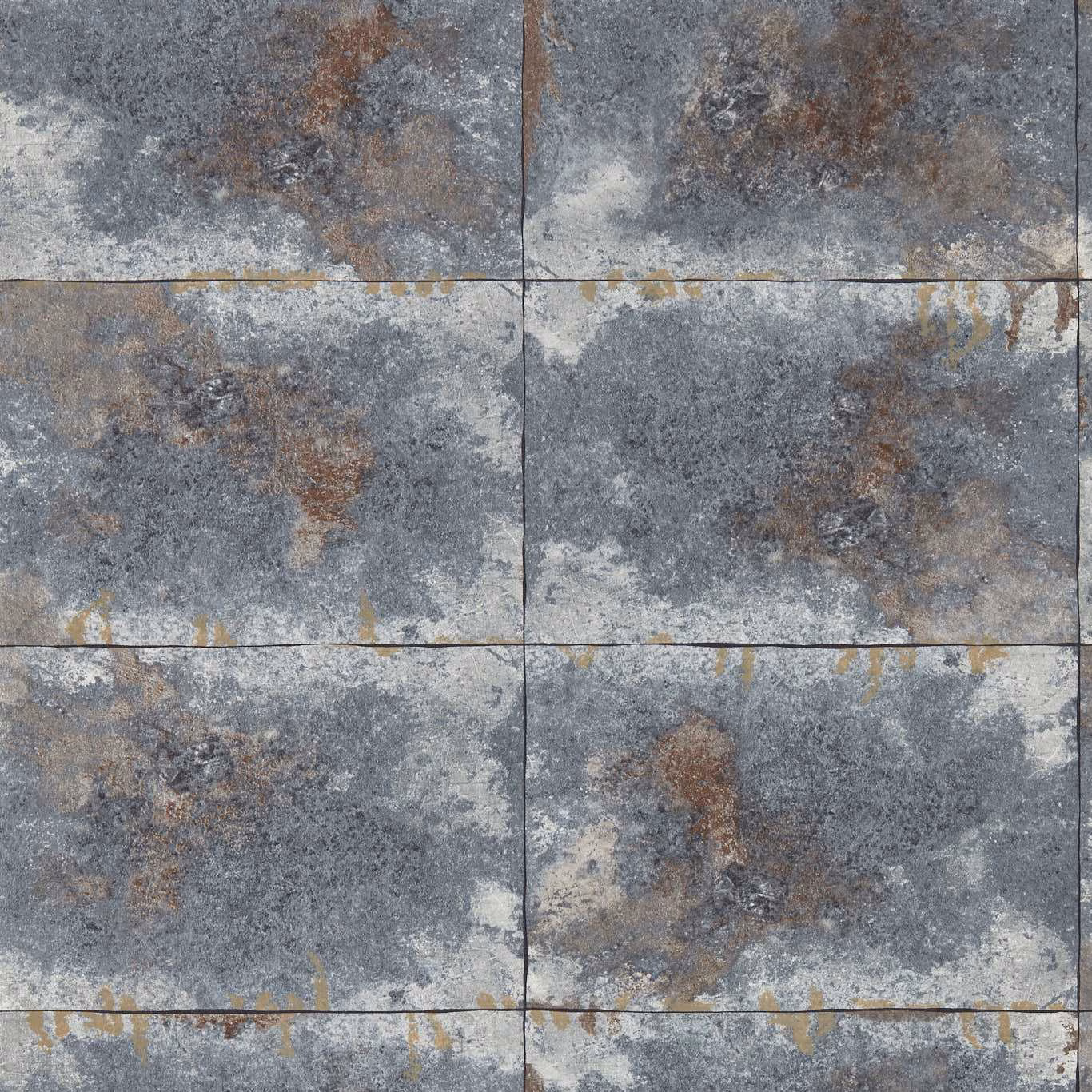 Slate-grey mineral wallpaper with cloudy stone panels, rust flecks and pale highlights