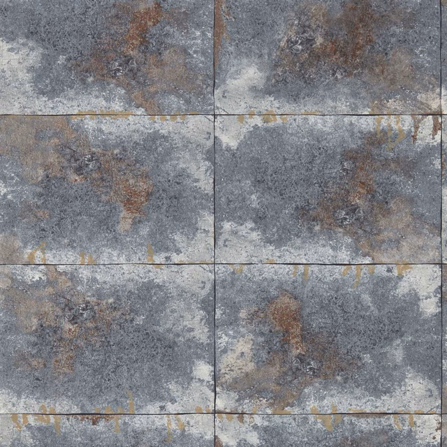 Slate-grey mineral wallpaper with cloudy stone panels, rust flecks and pale highlights