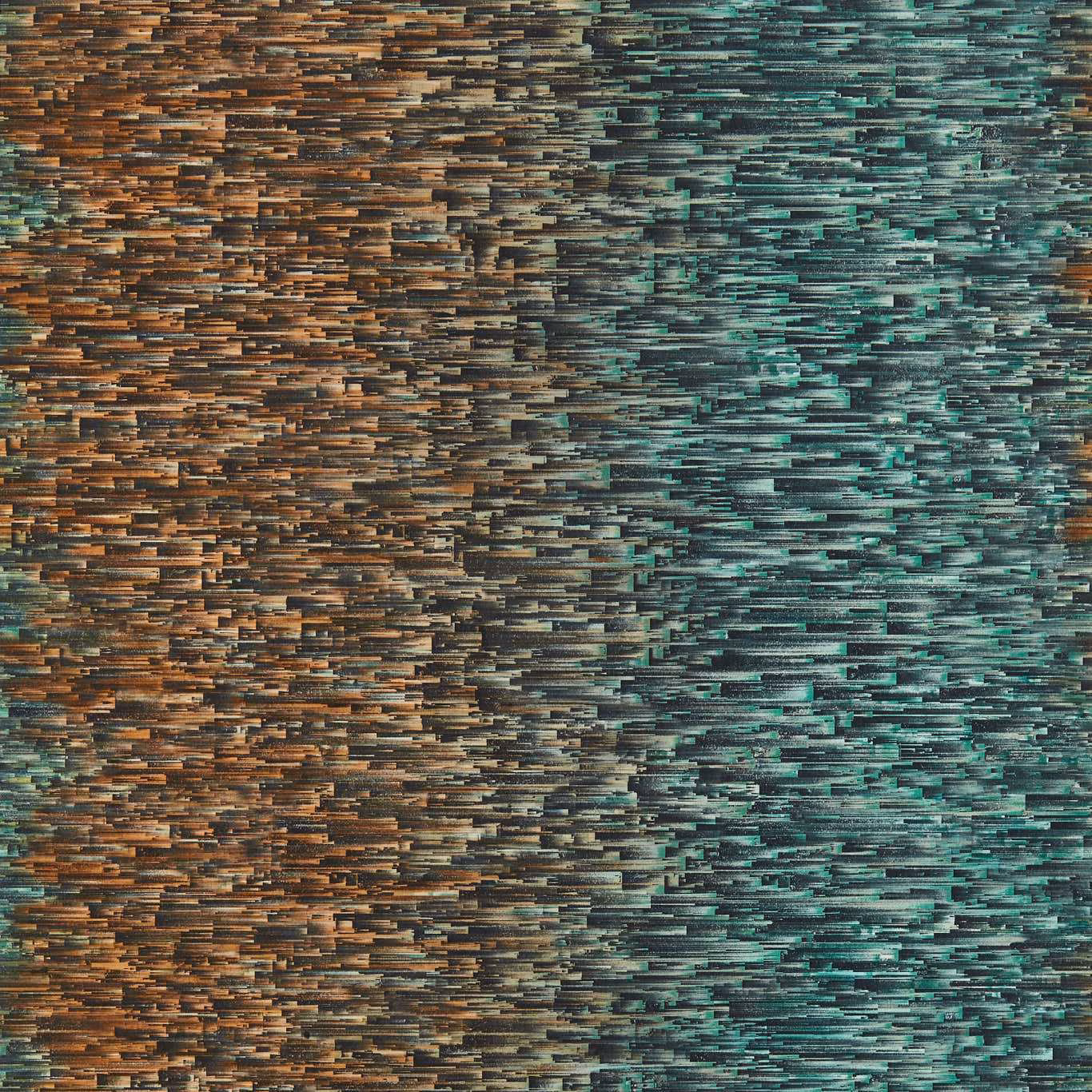 Layered teal and spice wallpaper with broken horizontal striations and mottled depth